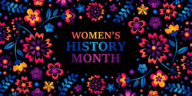 Women's History Month. Text on the black background with flowers. Banner, poster, illustration, greeting card Women s History Month for social media with neon flowers. Women's History Month. Text on the black background with flowers. Banner, poster, illustration, greeting card Women s History Month for social media with neon flowers womens history month stock illustrations