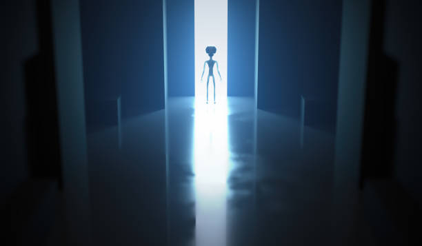 istock Silhouette of spooky alien. Bright light in background. 3D rendered illustration. 1460693029