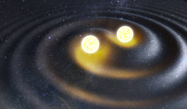 Binary star system generating gravity waves. Gravity and astrophysics concept. 3D rendered illustration. stock photo