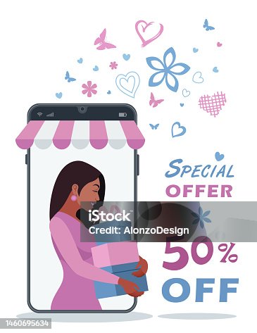 istock Special Offer. Valentine's Day design for advertising, banners, and flyers. Online store. Online Shopping. Indian Woman with gift boxes. 1460695634