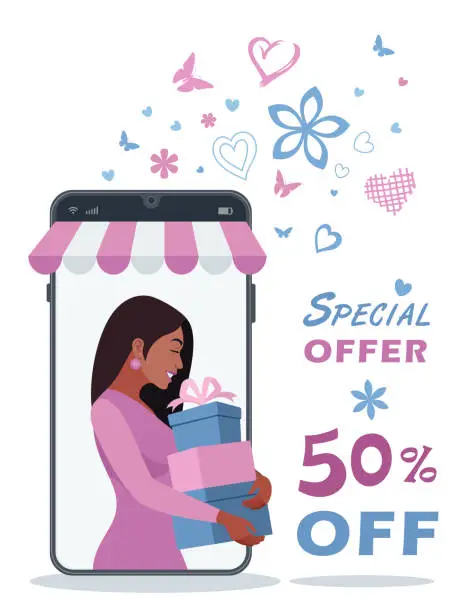 Vector illustration of Special Offer. Valentine's Day design for advertising, banners, and flyers. Online store. Online Shopping. Indian Woman with gift boxes.