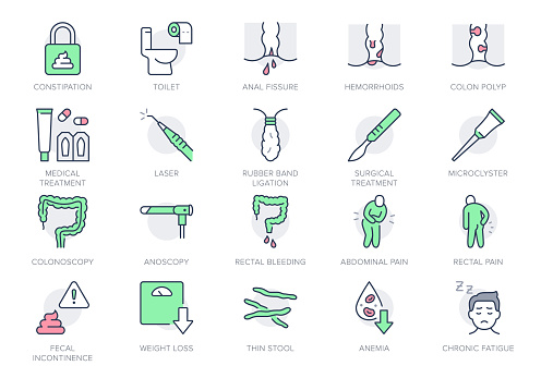 Proctologist line icons. Vector illustration include icon - toilet paper, colon, polyp, suppositories, anal fissure outline pictogram for hemorrhoids symptoms. Green and Red Color, Editable Stroke.