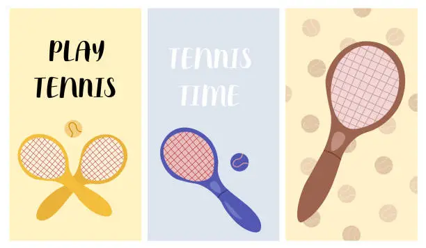 Vector illustration of Tennis tournament postcards and banners in different colors. Sport doodle style illustrations cards with tennis racquets.