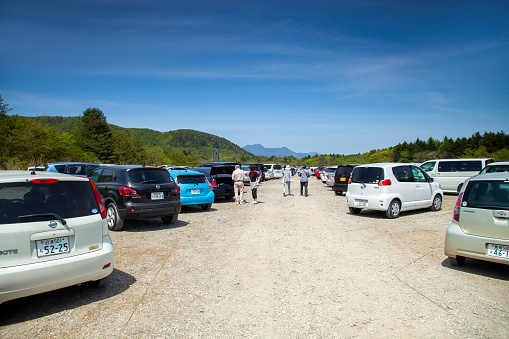 Main car park of the Japan Fuji Shibazakura Festival in Yamanashi, Japan. The festival is held annually in the months of April and May.