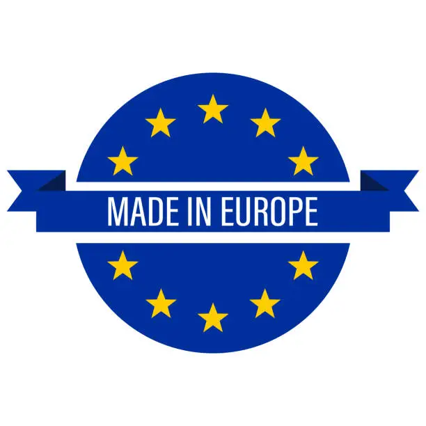 Vector illustration of EU product Label. Made In Europe. European Union Flag