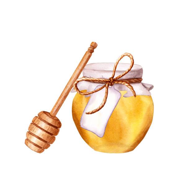 Honey jar and wooden honey stick. Watercolor illustration isolated on white Honey jar and wooden honey stick. Hand drawn watercolor food illustration isolated on white background. For clip art, post card, sticker honey pot clip art stock illustrations