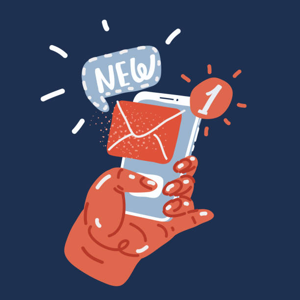 istock Cartoon vector illustration of Hand holding smartphone with new message notification on phone screen symbol. 1460701015