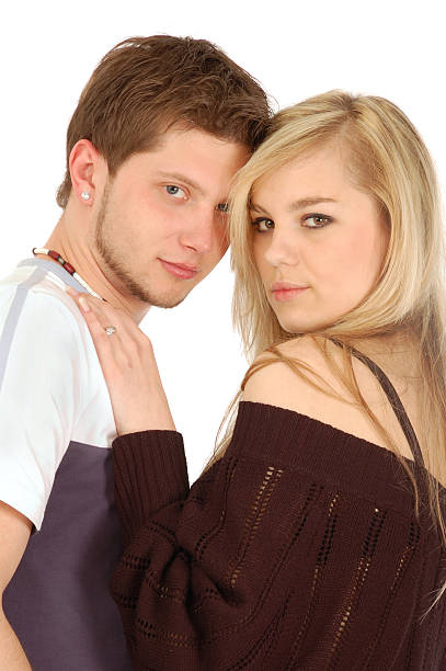 istock pretty blond girl put one's hand on mens shoulder 146070145