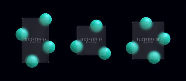 Vector illustration of Glassmorphism banners set. Transparent glass plates on green 3d circles. Frosted acrylic or matte plexiglass plates in various rectangle shapes. Realistic glass morphism. Vector.
