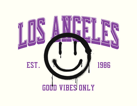 Los Angeles t-shirt design with college style text, graffiti smile and slogan - only good vibes. Tee shirt print with painted graffiti spray smile. Vector illustration.