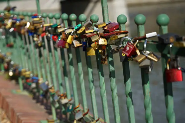 Photo of Love locks near Steel pedestrian Tumski Bridge across Oder River, popular tourist landmark