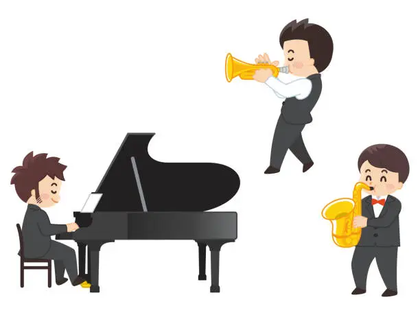 Vector illustration of pianist and trumpet player and saxophone player