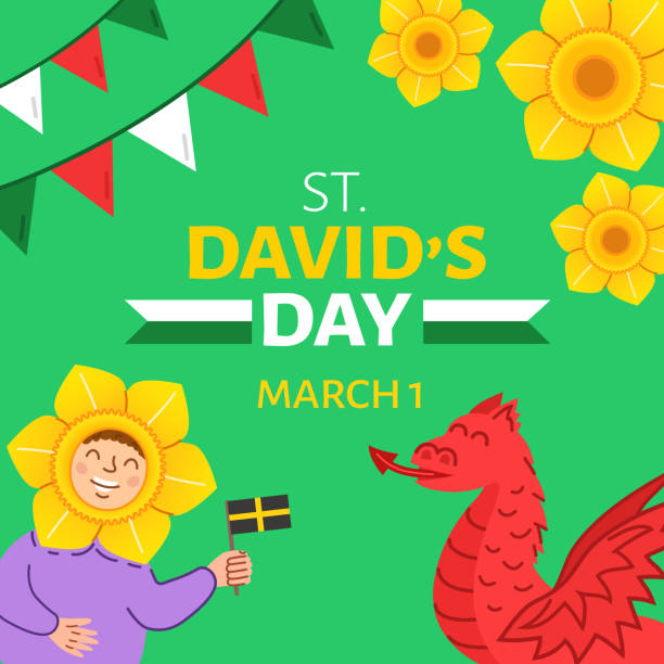 Wales St. David's Day Decorations Banner. Wales St. David's Day Decorations Banner. Wales' national symbol a red dragon and human in a daffodil hats. welsh culture stock illustrations