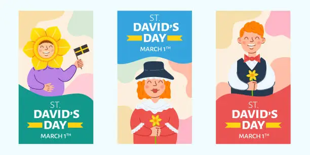 Vector illustration of Story templates for St David's Day. Happy smiling people in Wales' national costumes for celebration.