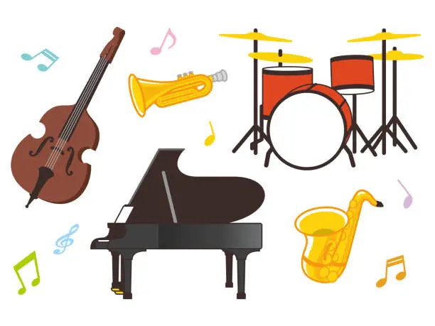 Vector illustration of Saxophone. trumpet. piano. drum. base.
