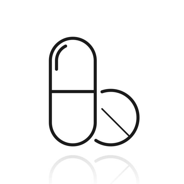 pillen - medikamente. symbol mit reflexion auf weißem hintergrund - capsule vitamin pill white background healthcare and medicine stock-grafiken, -clipart, -cartoons und -symbole