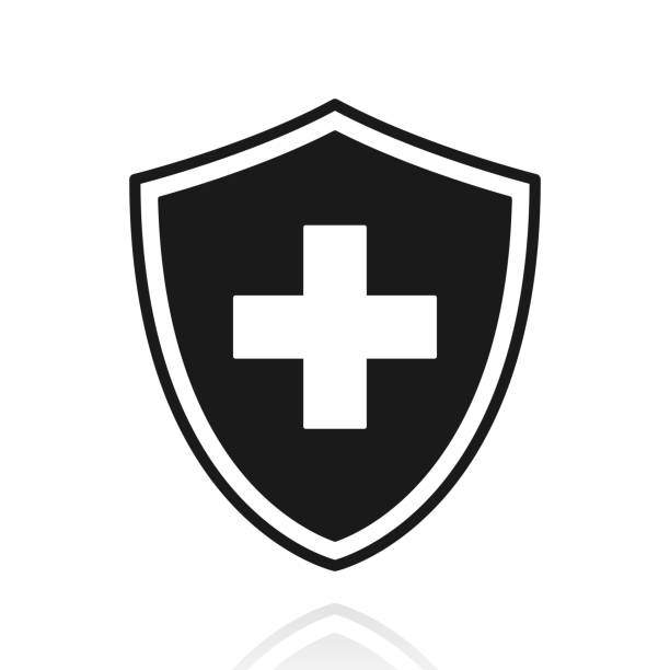 ilustraciones, imágenes clip art, dibujos animados e iconos de stock de escudo de protección de la salud. icono con reflejo sobre fondo blanco - protegerse con las manos