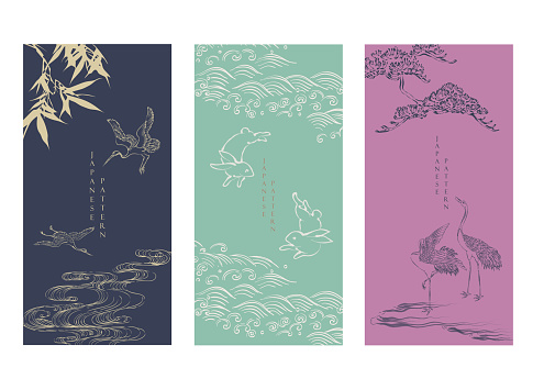 Crane birds, Rabbit, Bamboo leaves and Bonsai tree decoration greeting card in vintage style. Abstract art landscape with hand drawn line chinese cloud elements