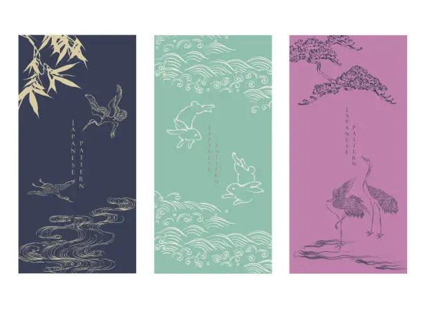 Vector illustration of Crane birds, Rabbit, Bamboo leaves and Bonsai tree decoration greeting card in vintage style. Abstract art landscape with hand drawn line chinese cloud elements