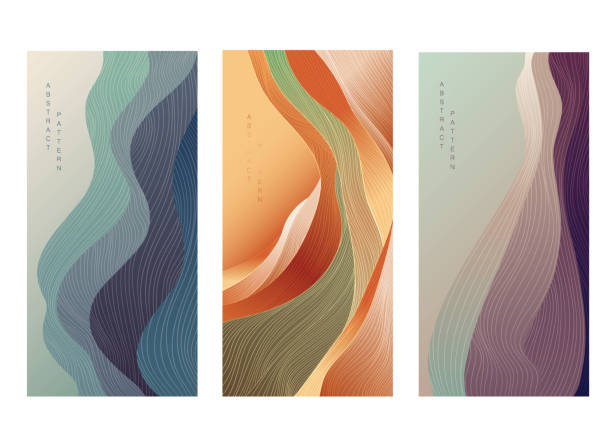 ilustrações de stock, clip art, desenhos animados e ícones de japanese background with line wave pattern vector. abstract art template with curve pattern. mountain forest banner design in oriental style. gradient colorful card design - oriental pattern