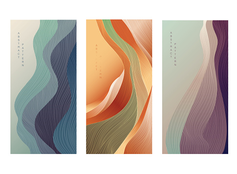 istock Japanese background with line wave pattern vector. Abstract art template with curve pattern. Mountain forest banner design in oriental style. Gradient colorful card design 1460710746