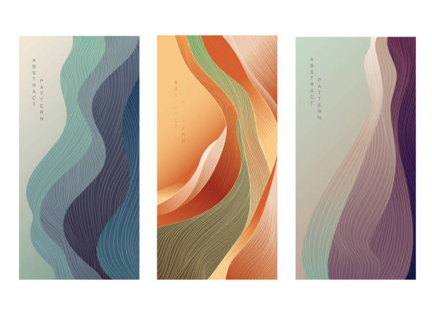 Japanese background with line wave pattern vector. Abstract art template with curve pattern. Mountain forest banner design in oriental style. Gradient colorful card design Japanese background with line wave pattern vector. Abstract art template with curve pattern. Mountain forest banner design in oriental style. Gradient colorful card design mountain borders stock illustrations