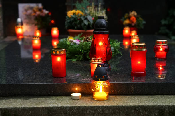istock Memorial grave lights decoration at cemetery, 1460710891