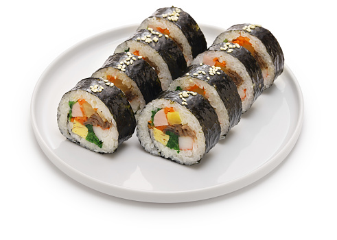 Gimbap is a Korean food consisting of rice and several ingredients seasoned with sesame oil and wrapped in nori seaweed.