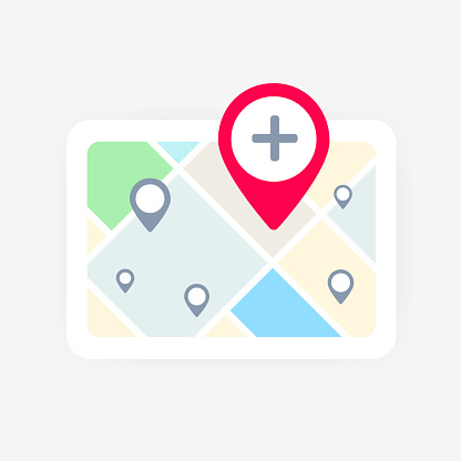 Local Search Listing concept. Map with local business search listing featuring map icon and red pin with add plus, representing convenience of searching and finding local businesses through mapping.
