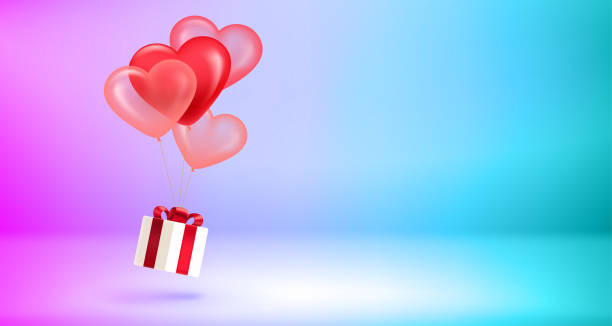 istock Vivid empty stage with gift box and heart air ballons. 3d vector illustration with holographic background 1460712265