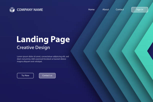 Landing page Template - Abstract design with geometric shapes - Trendy Green Gradient Landing page template for your website. Modern and trendy background. 3D abstract design with geometric shapes and beautiful color gradient in a paper cut style. This illustration can be used for your design, with space for your text (colors used: Green, Blue, Black). Vector Illustration (EPS file, well layered and grouped), wide format (3:2). Easy to edit, manipulate, resize or colorize. Vector and Jpeg file of different sizes. chevron stock illustrations