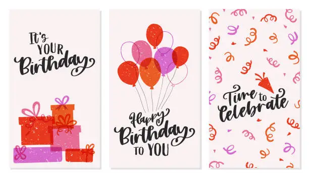 Vector illustration of Cute hand drawn Happy Birthday cards set with text design, doodle pattern backgrounds, perfect for Birthday Cards, Gift Tags or banners - vector design