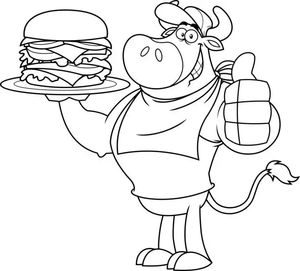 Vector illustration of Outlined Bull Cartoon Character Giving The Thumbs Up And Holding A Double Hamburger