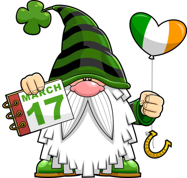 Dzień Świętego Patryka Gnom Cartoon Character Holding A Calendar And Irish Heart Balloon – artystyczna grafika wektorowa