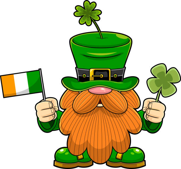 St. Patrick's Day Gnome Cartoon Character Holding A Flag Of Ireland And Clover vector art illustration