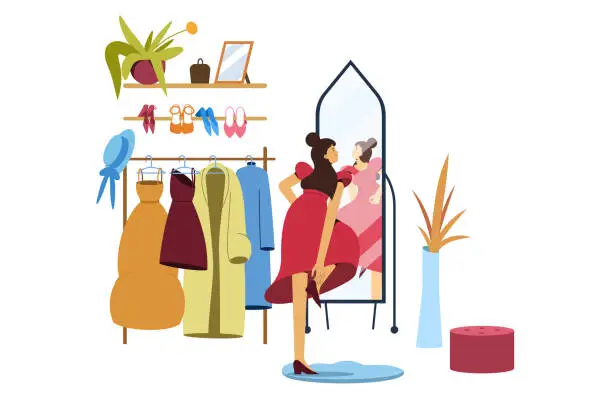 Vector illustration of Flat girl choose clothes in wardrobe or boutique store