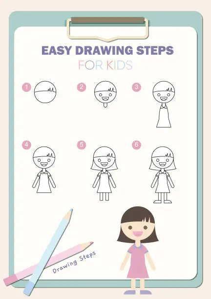 Vector illustration of How to draw a girl. Easy drawing steps for kids