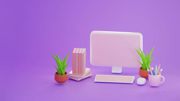 istock 3d rendering of minimal computer on display for mockup and Plant on Purple pastel background. Book and Pencil near computer Pc. 1460715499