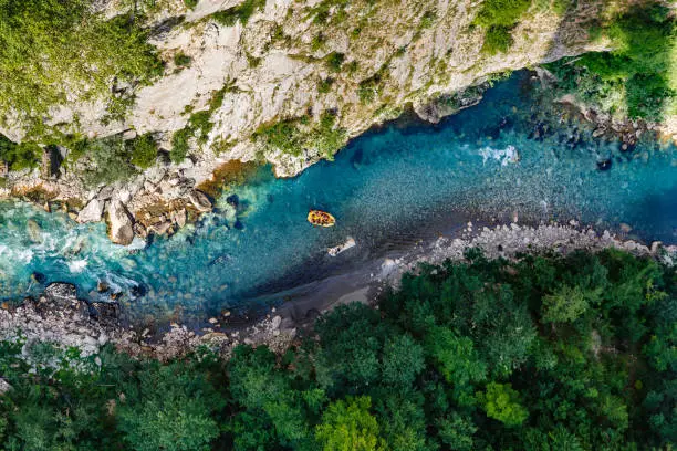 The aerial view of the blue river. Rafting in canyon of river Tara.