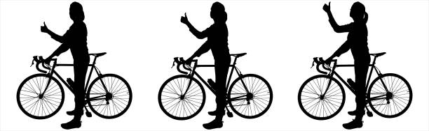 少女は自転車の近くに立ち、手で「いいね」というジェスチャーを見せています。女性は片手で自転車を持ち、もう片方の親指を上げます。側面図。黒いシルエット - super speedway点のイラスト素材／クリップアート素材／マンガ素材／アイコン素材