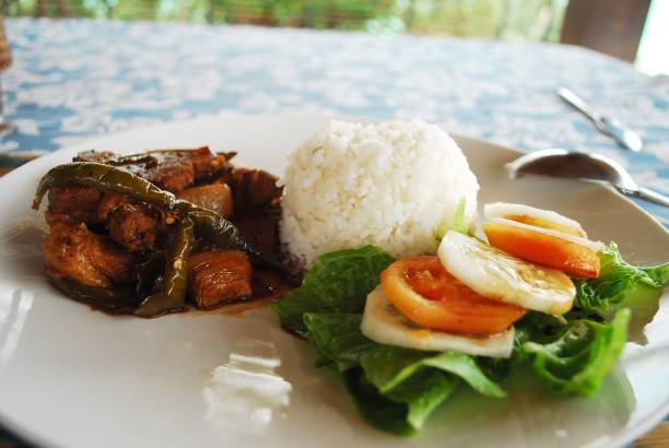 istock Pork adobo with white rice and fresh vegetables 1460715788