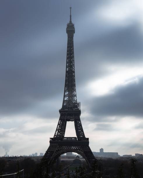 istock Beautiful vertical view of the Eiffel Tower under the cloudy sky during sunrise 1460716634