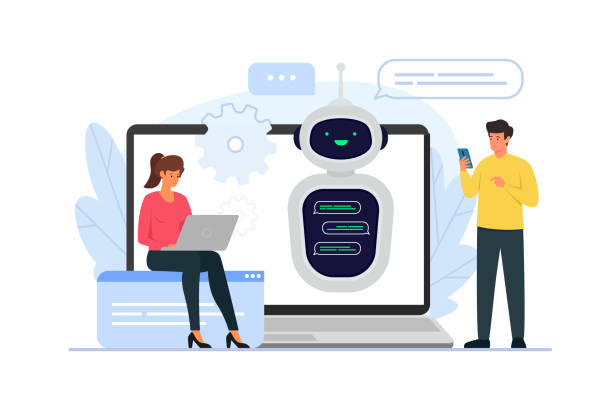 illustrations, cliparts, dessins animés et icônes de illustration vectorielle du concept de support du service client du chatbot. personnages de personnes discutant avec un chatbot dans un smartphone et un ordinateur portable. - chat room illustrations