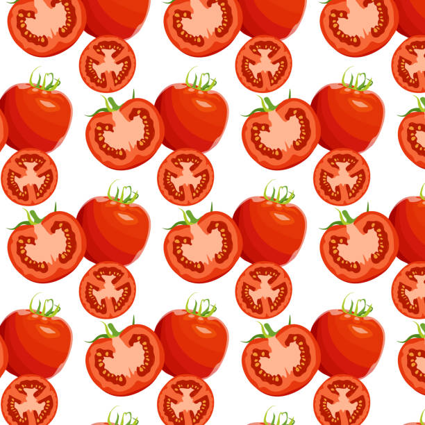 вид сбоку от помидоров в разрезе и целиком, бесшовный рисунок томатов и овощей. изолированная картинка на белом фоне. - white background green pattern tomato stock illustrations
