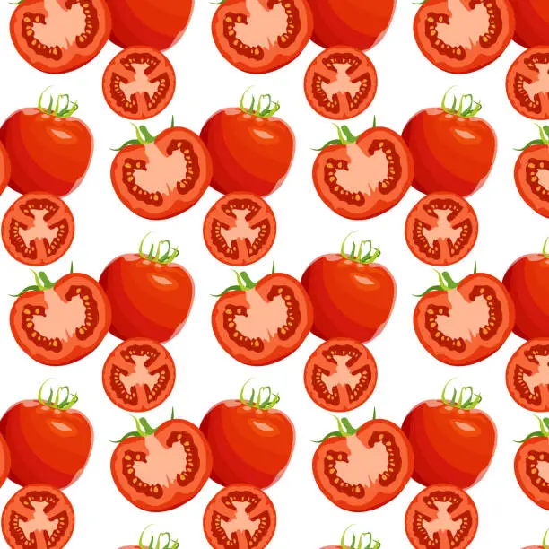 Vector illustration of Tomato side view in section and whole, tomato vegetable seamless pattern. Isolated picture on a white background.