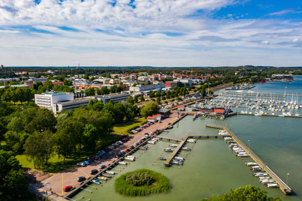 Maarianhamina city summer 01 Aerial drone view of the Maarianhamina city, sunny, summer day, in the Aland islands, Finland åland islands stock pictures, royalty-free photos & images