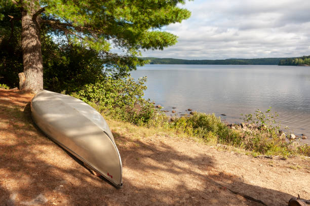 istock Canoe on a lake shoreline during sunset. 1460717546