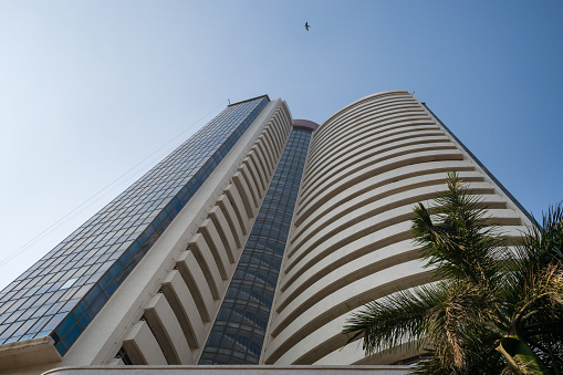 Mumbai, India – February 22, 2020: A low angle shot of the Bombay Stock Exchange building at Dalal Street in Mumbai, India