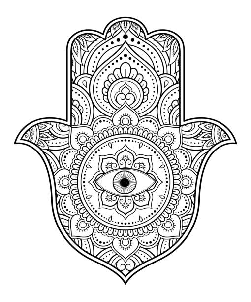 ilustrações, clipart, desenhos animados e ícones de hamsa desenhado à mão símbolo com flor. padrão decorativo em estilo oriental para decoração de interiores e desenhos de henna. o antigo sinal da "mão de fátima". - hamsa