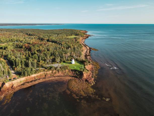 istock Beautiful view of a forest on a cliff with a lighthouse under the blue sky 1460718505